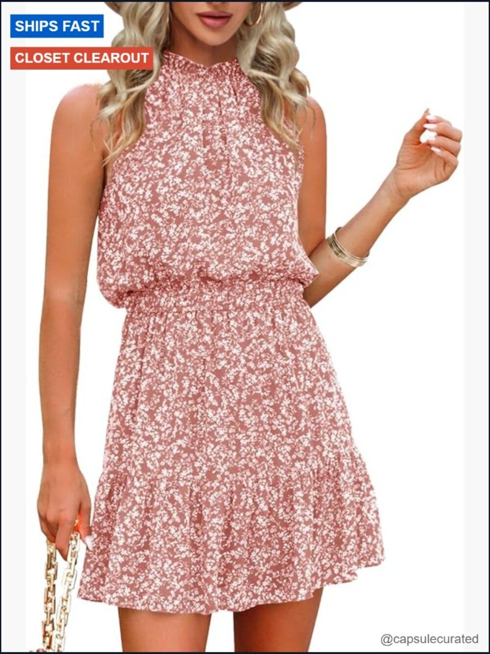 Women's Sleeveless Flowy Halter Neck Mini Dress with Ruffle Hem
